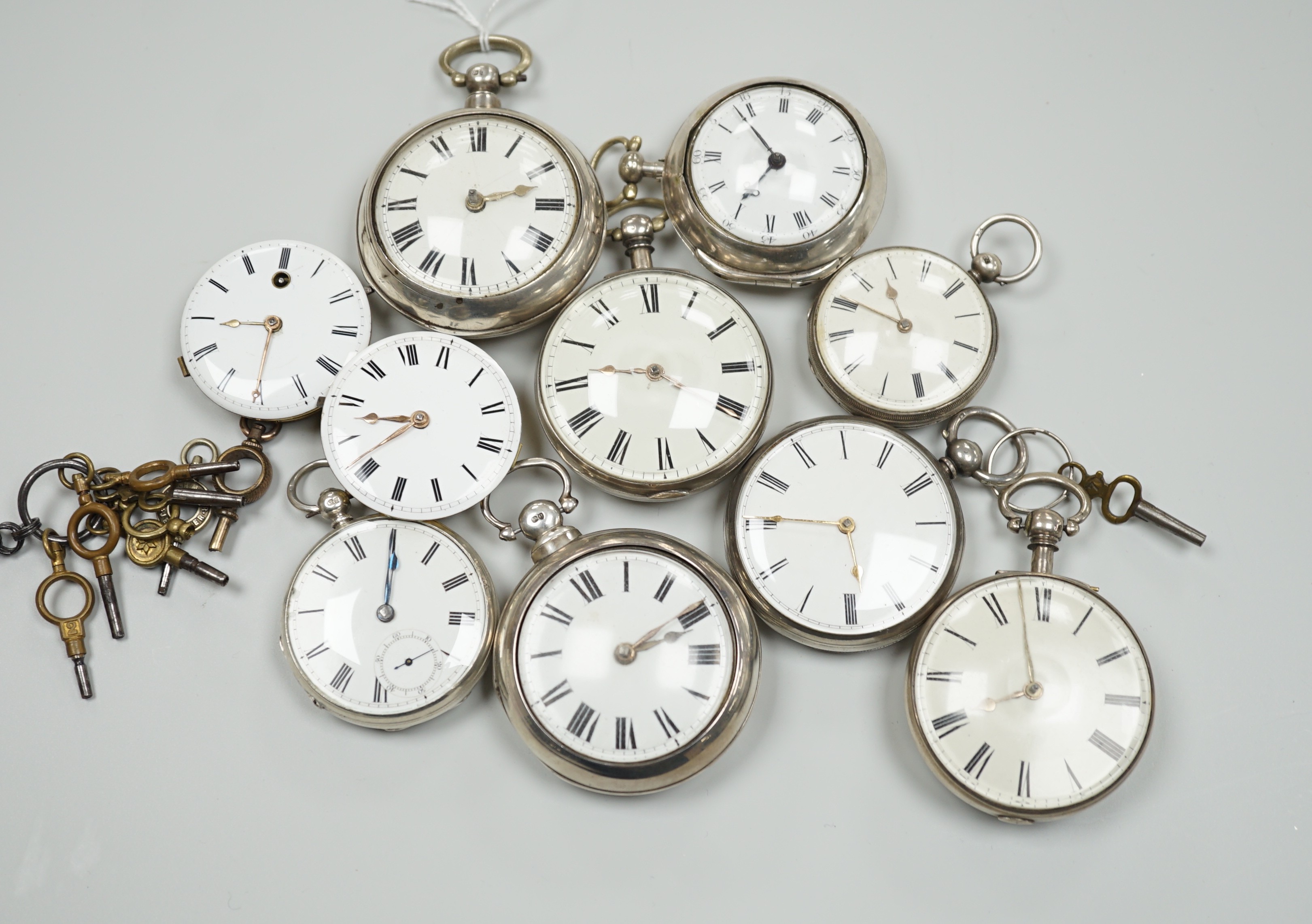 A collection of eight assorted mainly 19th century silver cased pocket watches, all by Lewes makers, including Tanner, Reeves, Tanner & Son, Skinner, Soloman, Davey and Sons, William Tanner and Richard Comber but surname